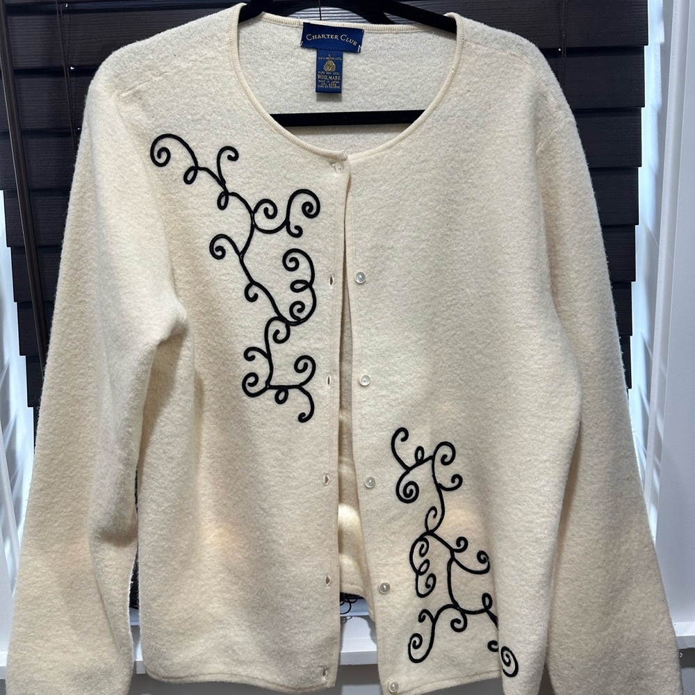 Cream and Black 100% pure wool cardigan